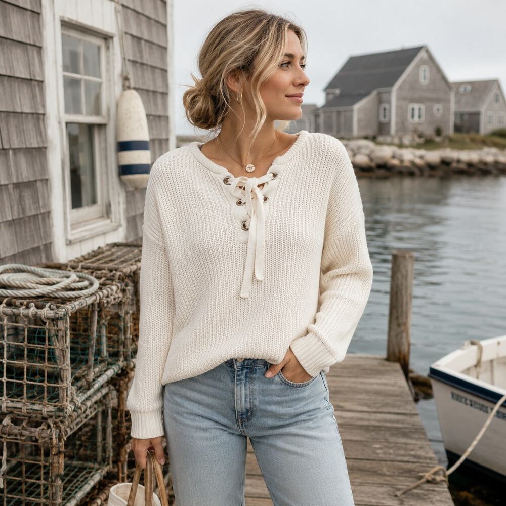 Pimkie Fisherman Lace Up Knit Womens Sweater Sz 6 Coastal Scandi Cottagecore